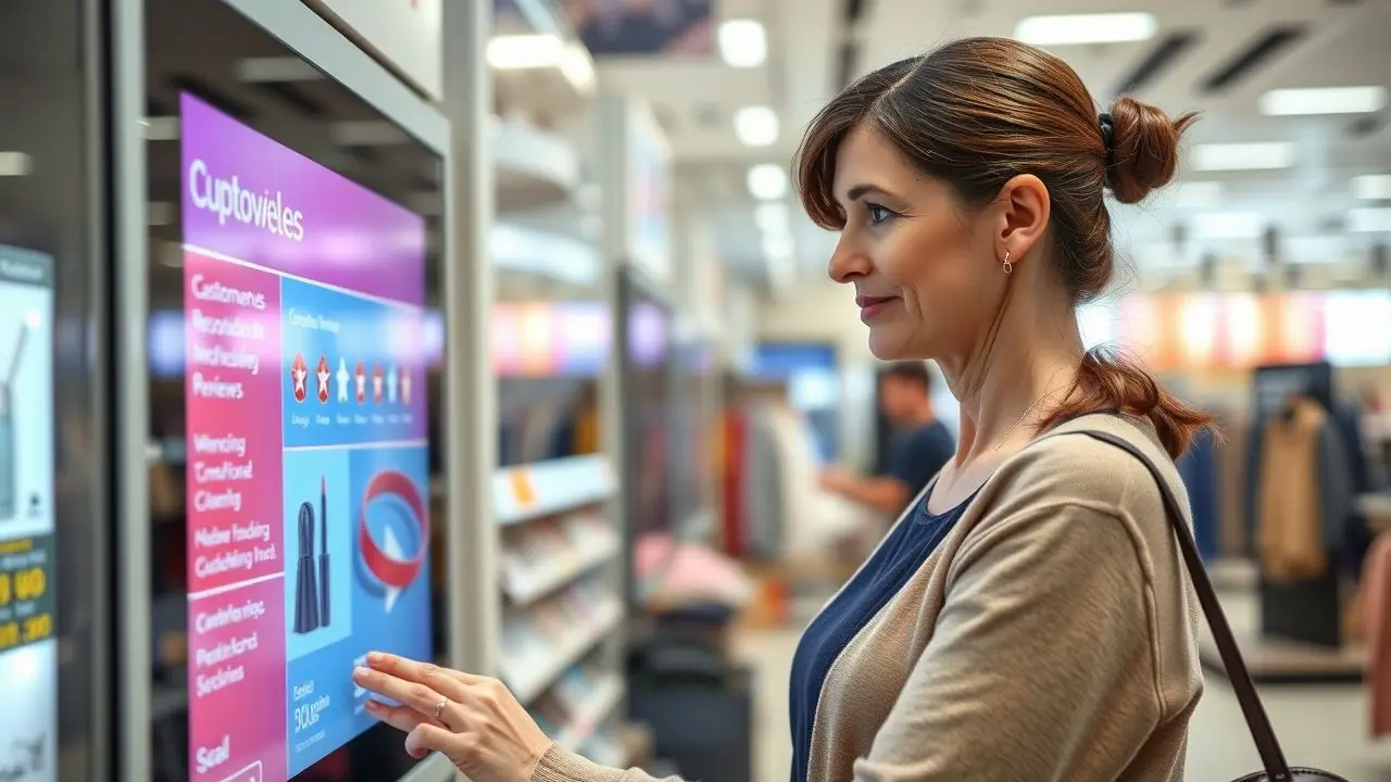 A middle-aged woman interacting with a digital display in a retail store.