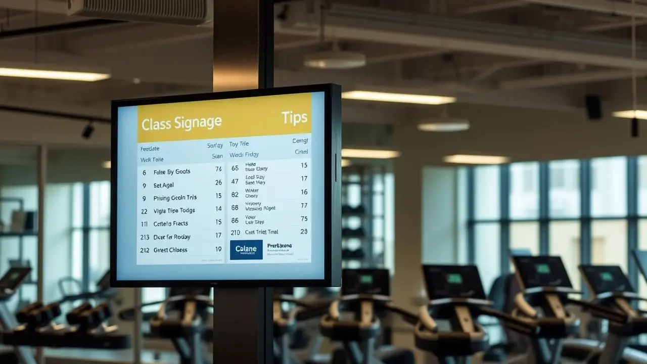 A gym's digital signage displays class schedules and workout tips.