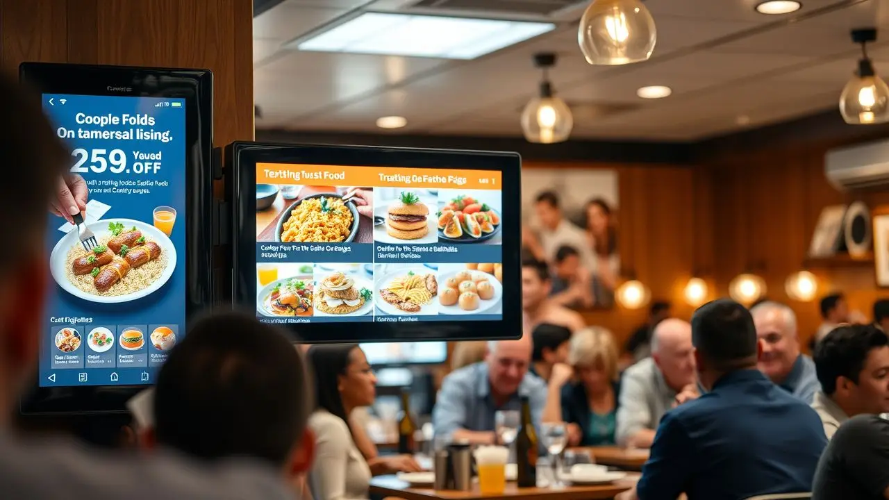 A busy restaurant showcases food images and promotions on digital signage. A busy restaurant showcases food images and promotions on digital signage.