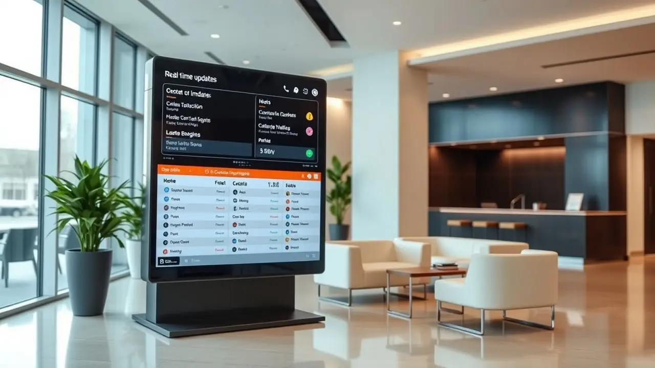 A digital signage board displays real-time updates in a corporate office lobby.