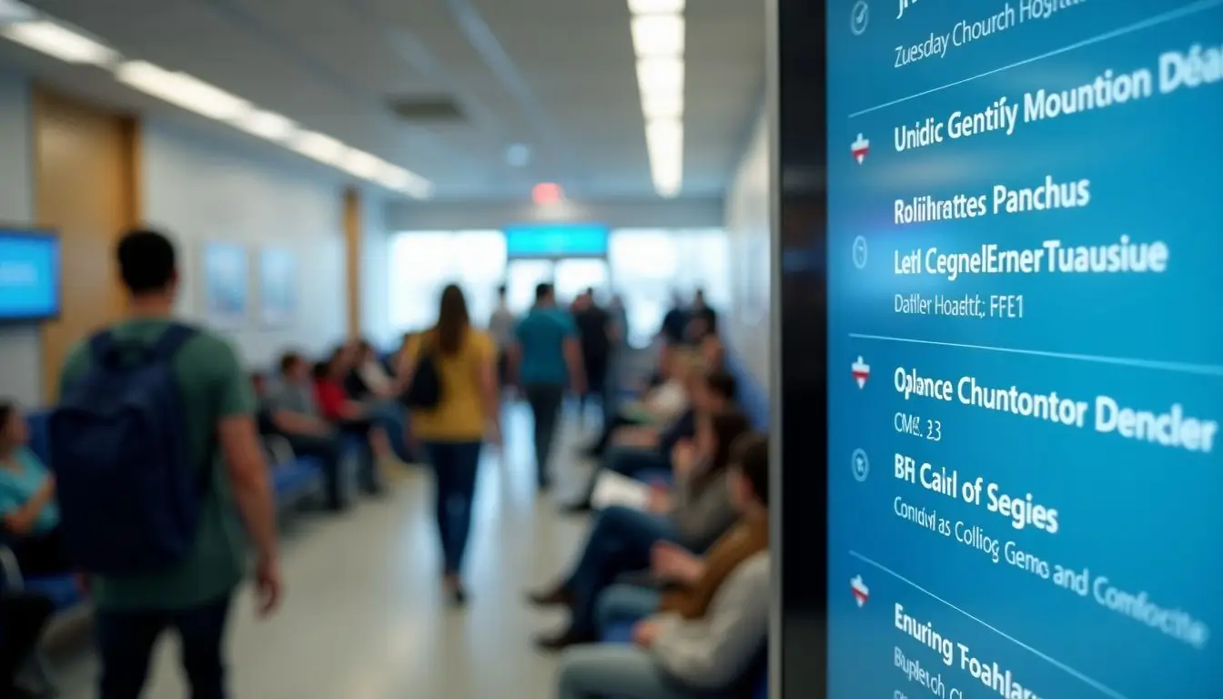 A hospital digital signage screen displays health updates in a busy waiting area.