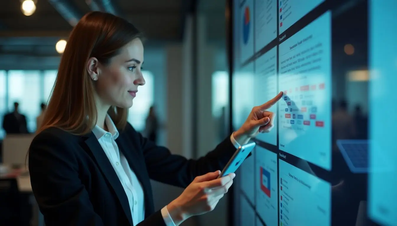 A woman in professional attire updating digital content in an office.