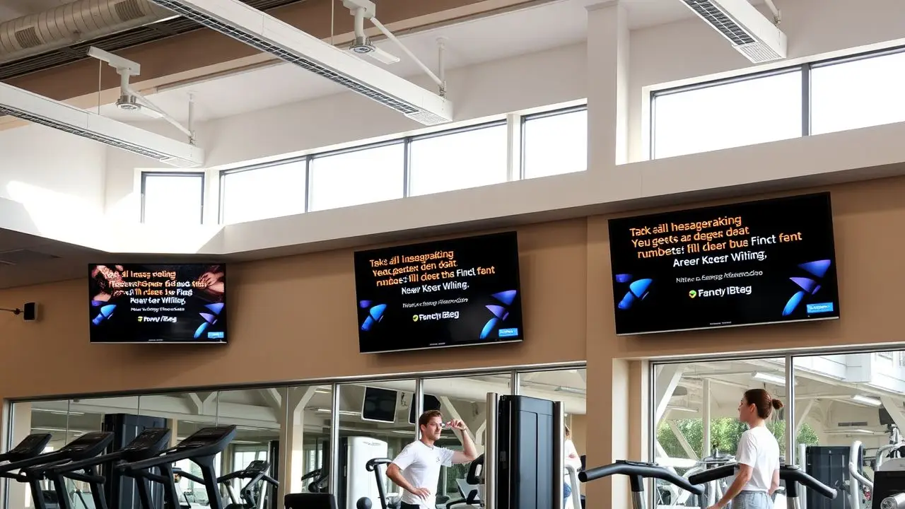 The gym interior features digital signs for engaging content.