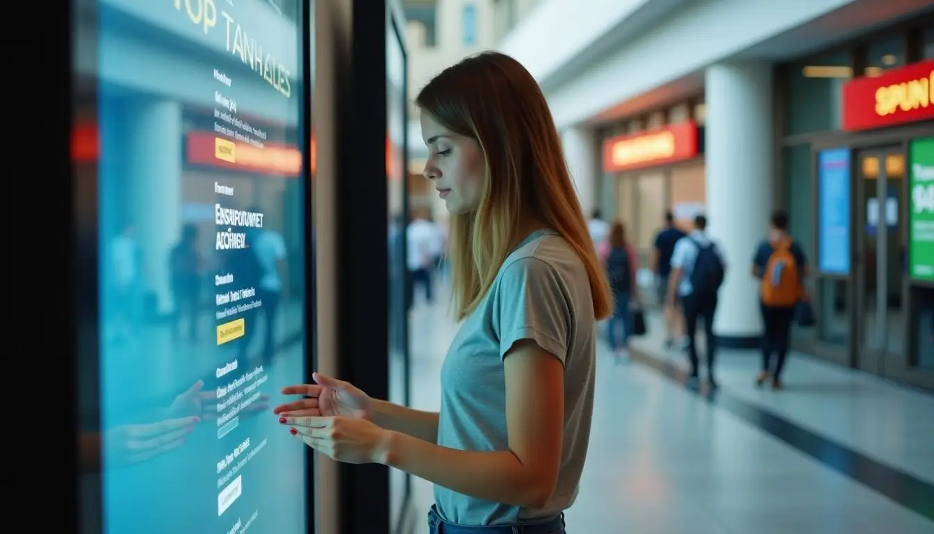 A college student interacts with a digital signage display on campus.