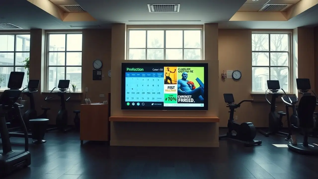 A gym reception area with digital display board and promotional materials.