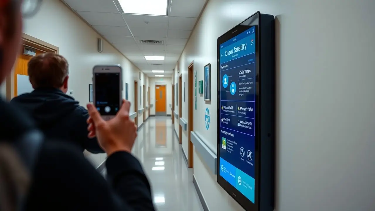 A hospital corridor with digital signage displaying real-time updates and information.