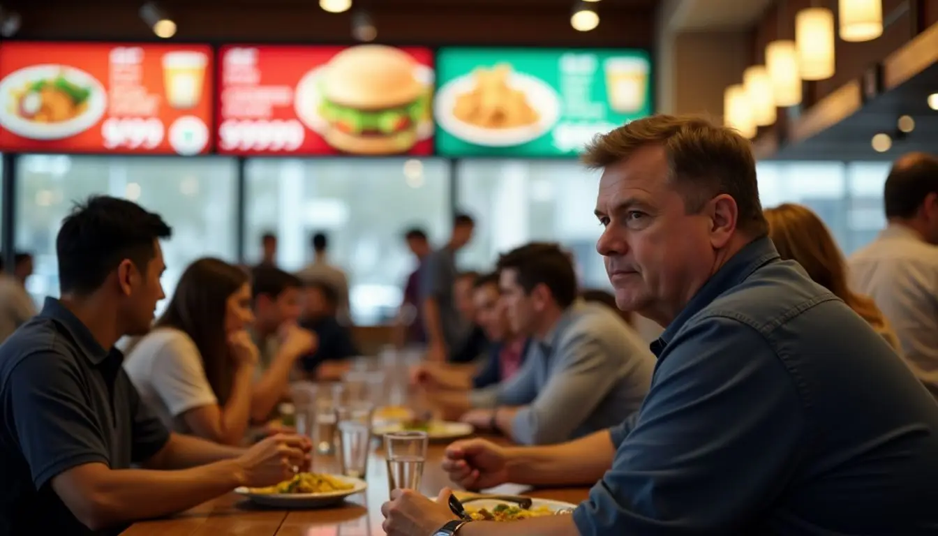 A crowded restaurant with diverse customers, serving a lively, casual atmosphere. A crowded restaurant with diverse customers, serving a lively, casual atmosphere.
