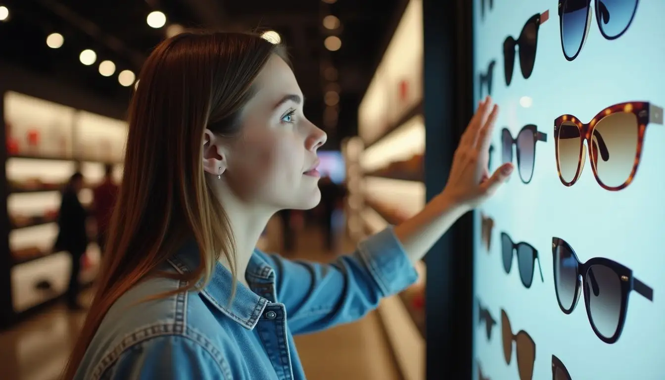 A woman trying on virtual sunglasses at a trendy retail store.