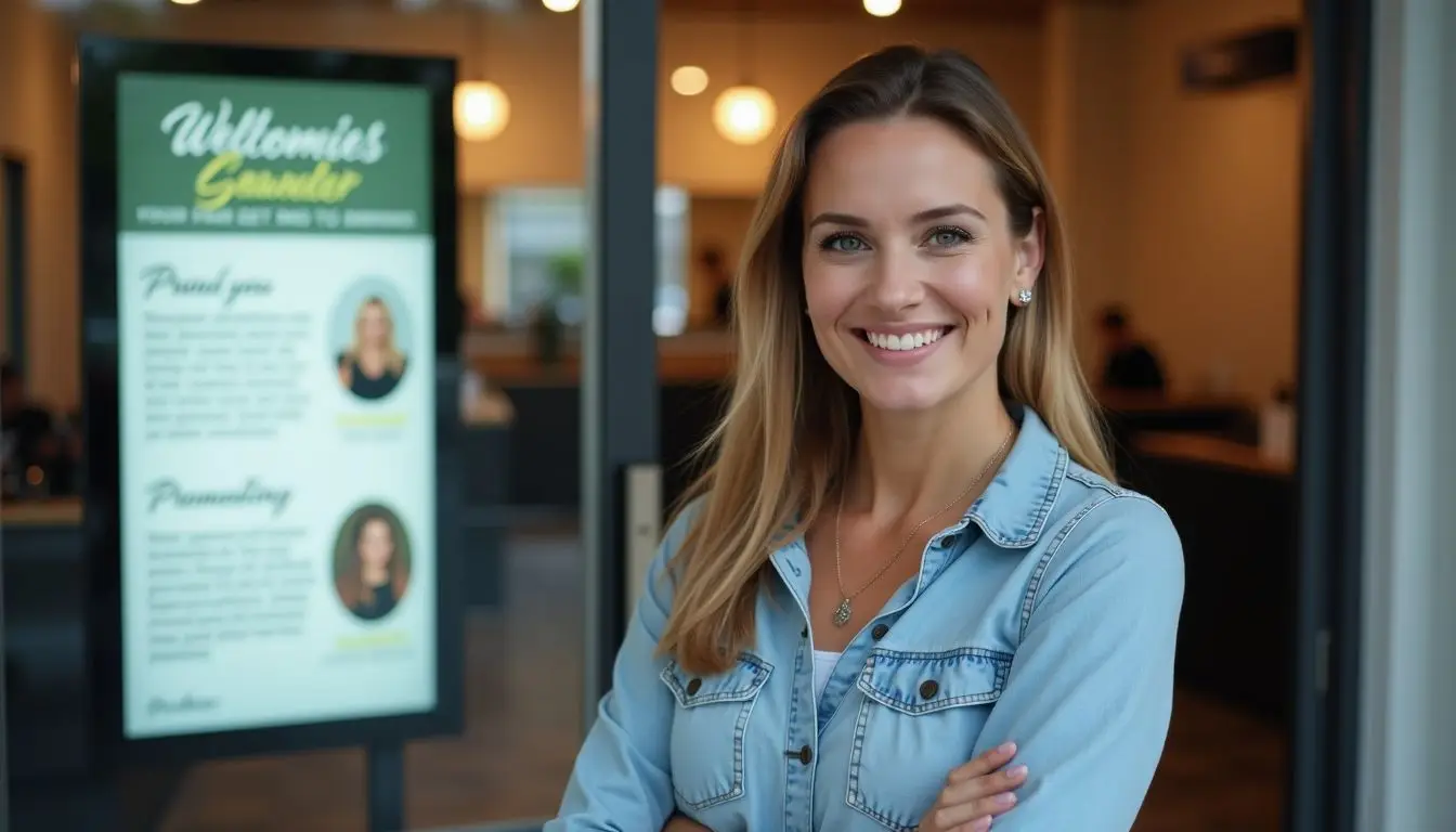 A mid-30s woman proudly stands outside her modern hair salon.