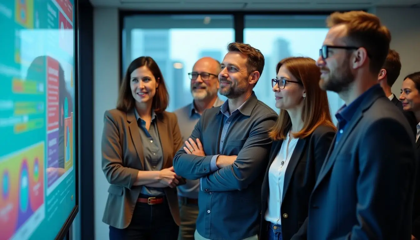 A group of office employees watching achievements on a digital display.