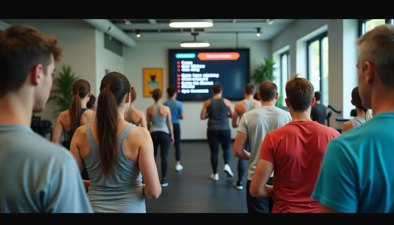 A diverse group of people working out together in a gym.