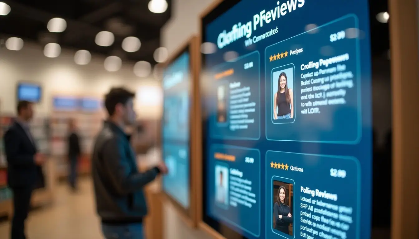 A digital sign in a modern store displays glowing customer reviews.