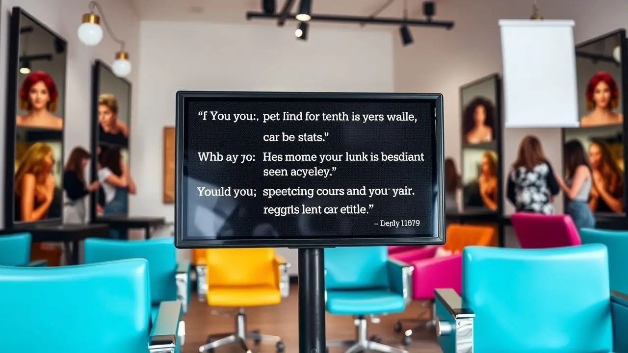 A digital sign displaying customer testimonials in a trendy salon.