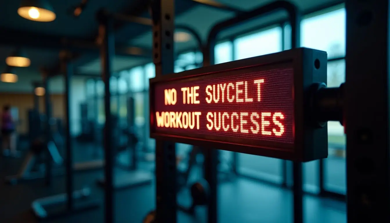 A gym digital sign displays success story and workout routine for motivation.