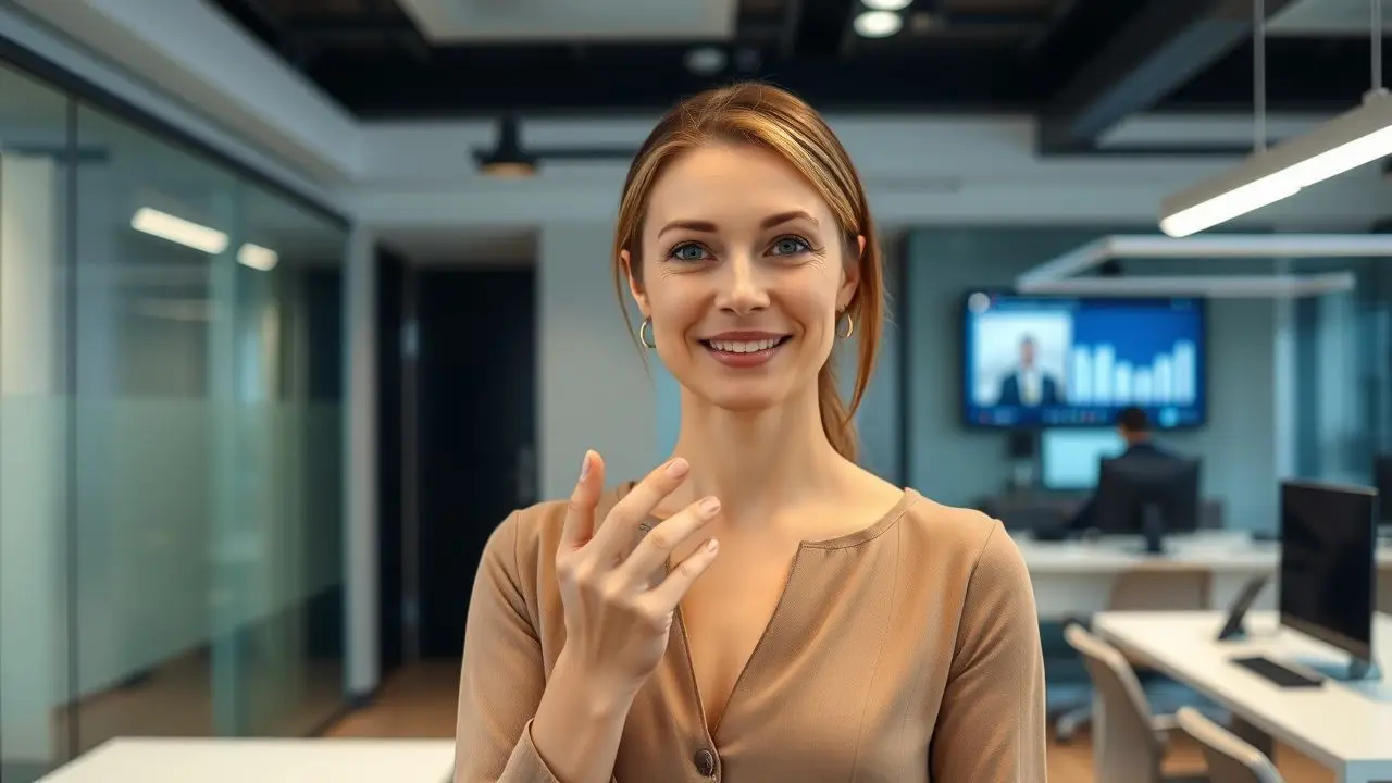 A woman in a modern office presenting real-time company achievements.