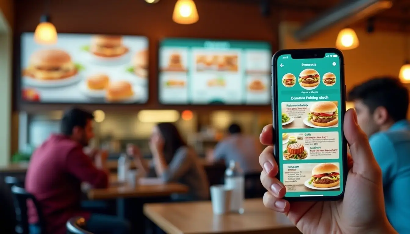 A digital menu board in a restaurant featuring food items and promotions. A digital menu board in a restaurant featuring food items and promotions.