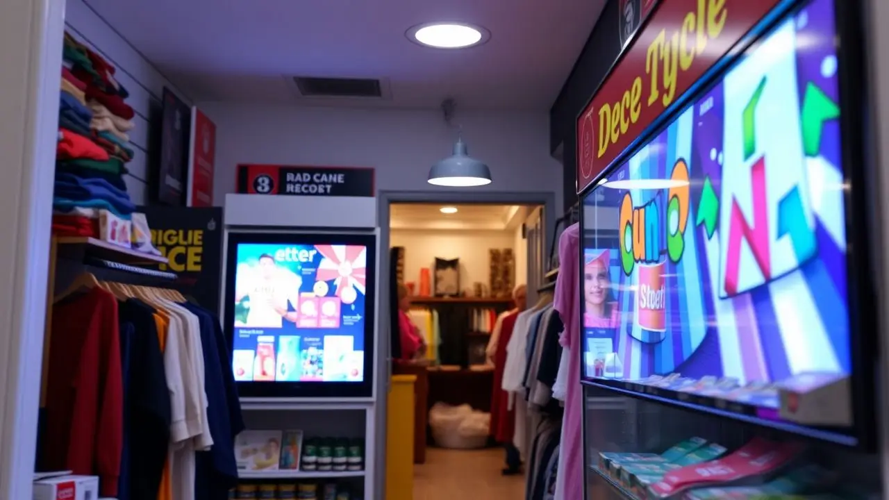 A small retail store with a bright digital display to attract customers.