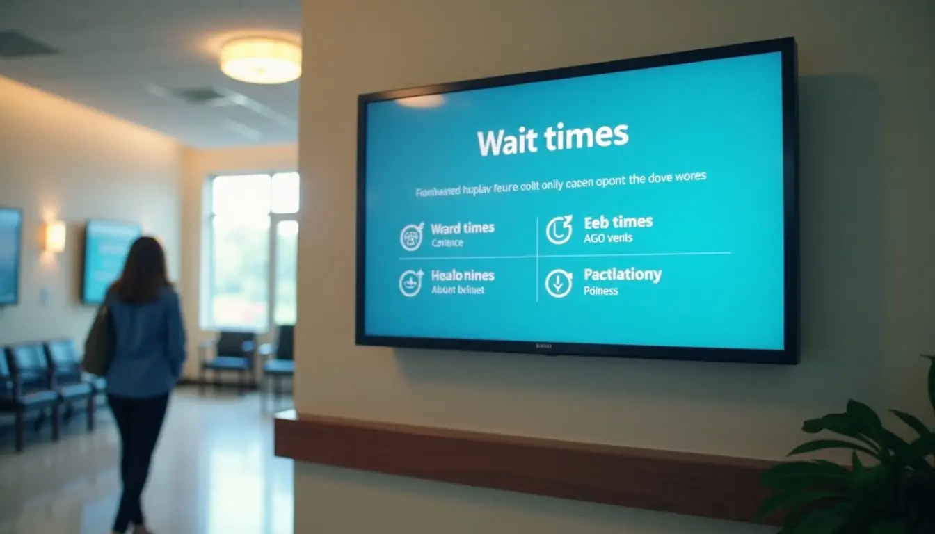 A digital signage display in a hospital waiting area provides real-time updates and directions for patients.