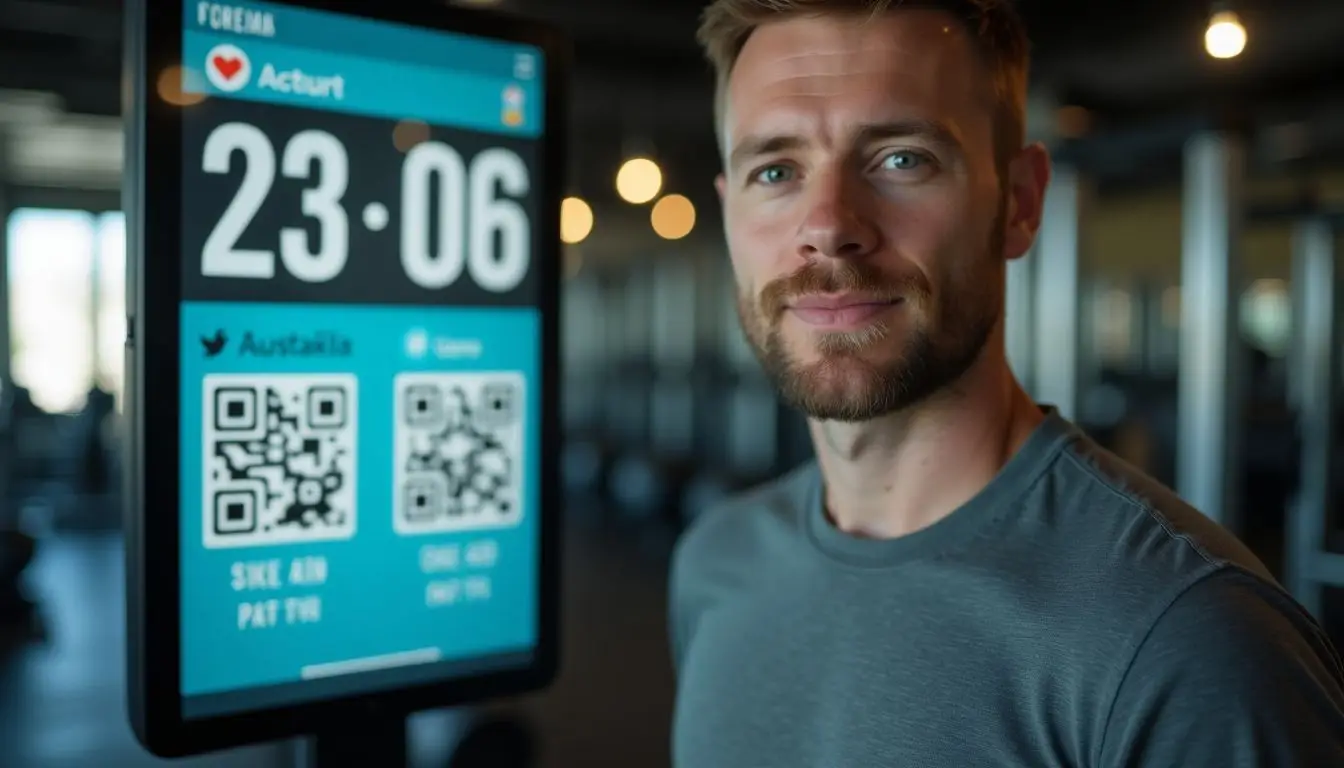 A man stands next to a digital screen in a fitness center.