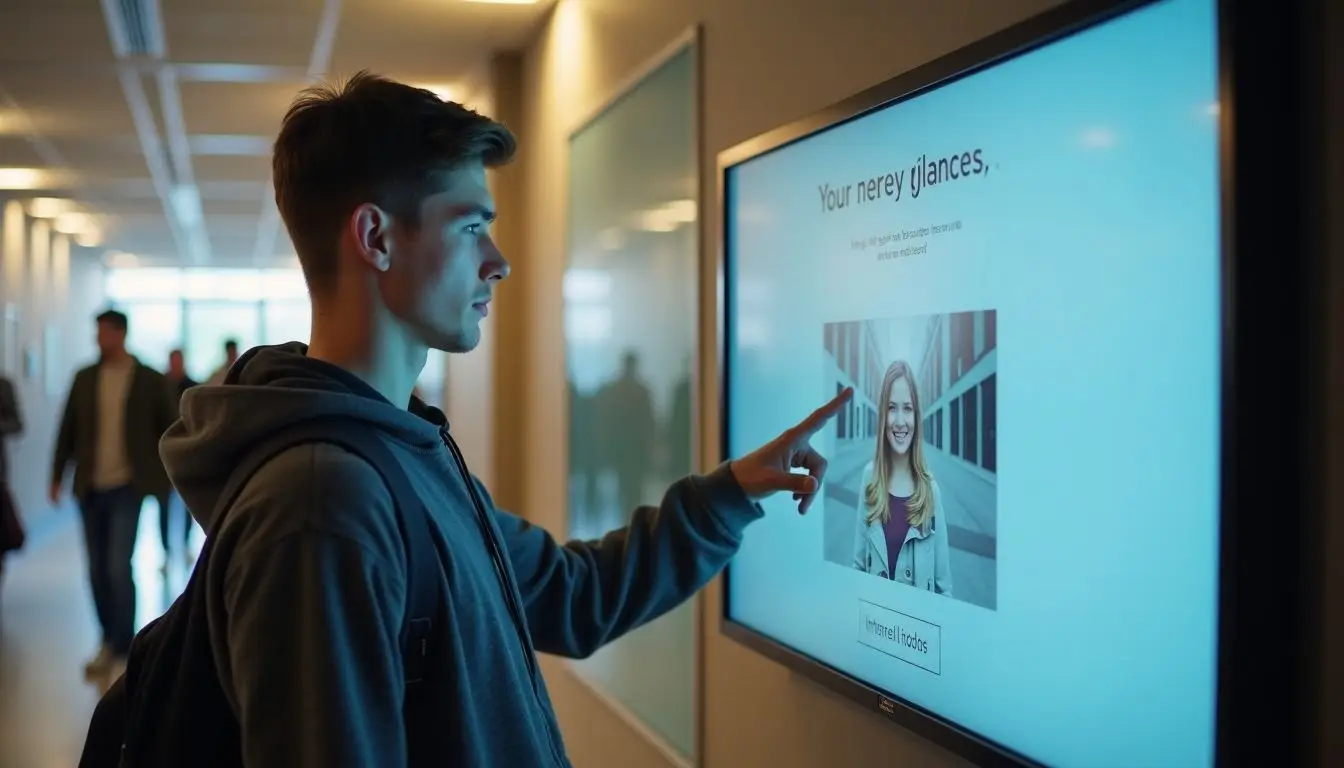 A male student in a university hallway interacts with a modern digital signage display.