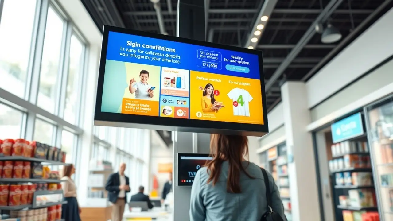 A digital signage display in a modern retail store promoting products.