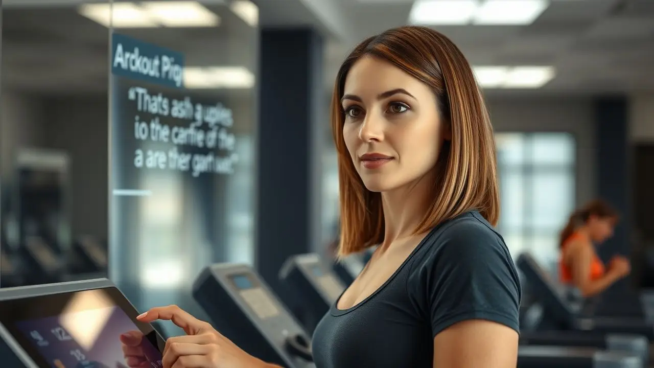 A woman in her 30s uses digital display at the gym.