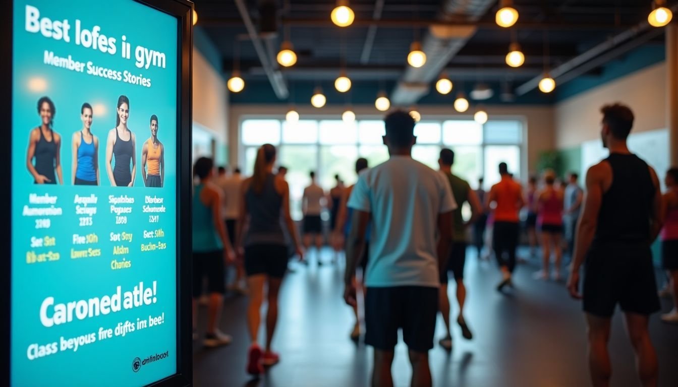 A busy and inviting gym entrance with digital sign and diverse gym-goers.