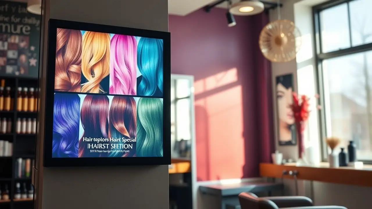 A modern hair salon with vibrant hair color options and a haircut special.