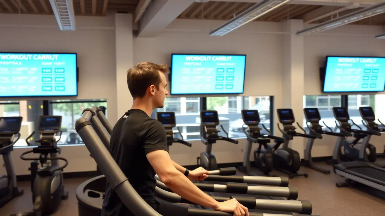 A gym interior with modern workout equipment and digital signs.