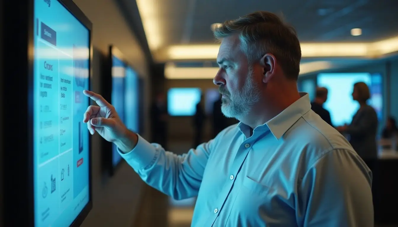 A middle-aged man in a shirt examines digital signage in an office lobby.