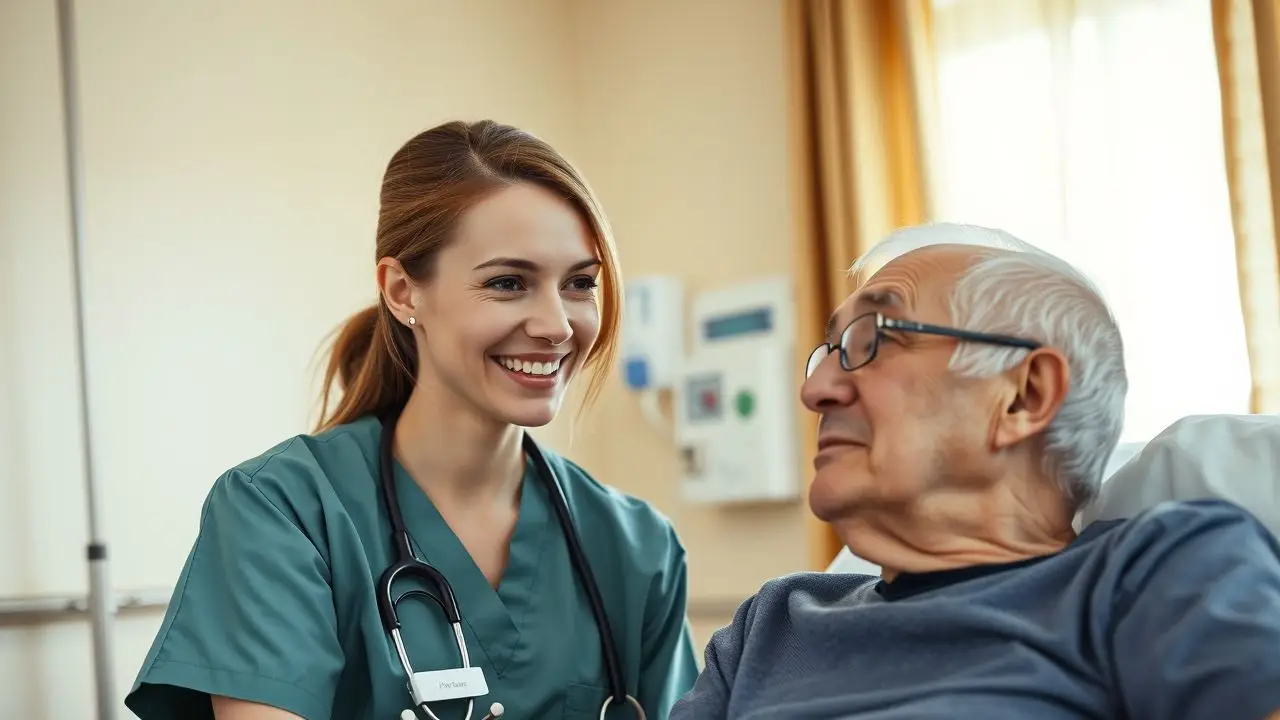 A female nurse communicates with an elderly patient in a hospital room.