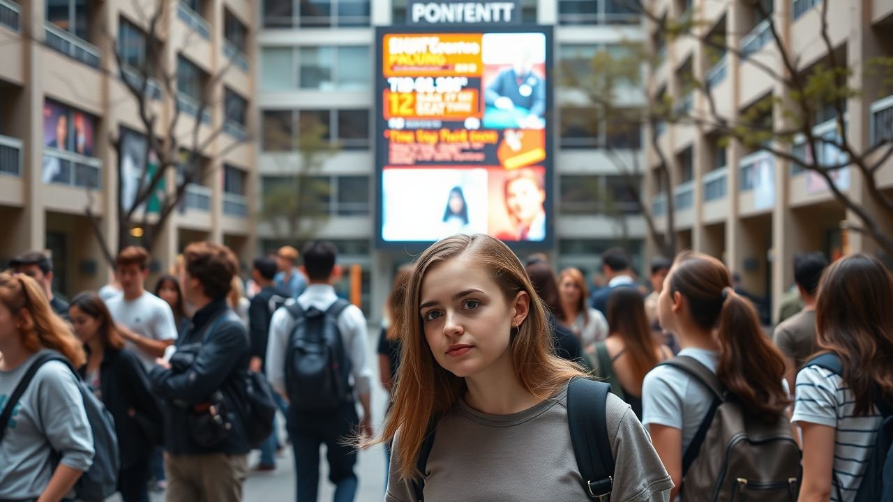 A university courtyard with students gathered around a digital display.