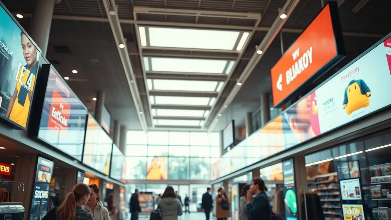 A modern retail store with colorful digital signs and interactive features.