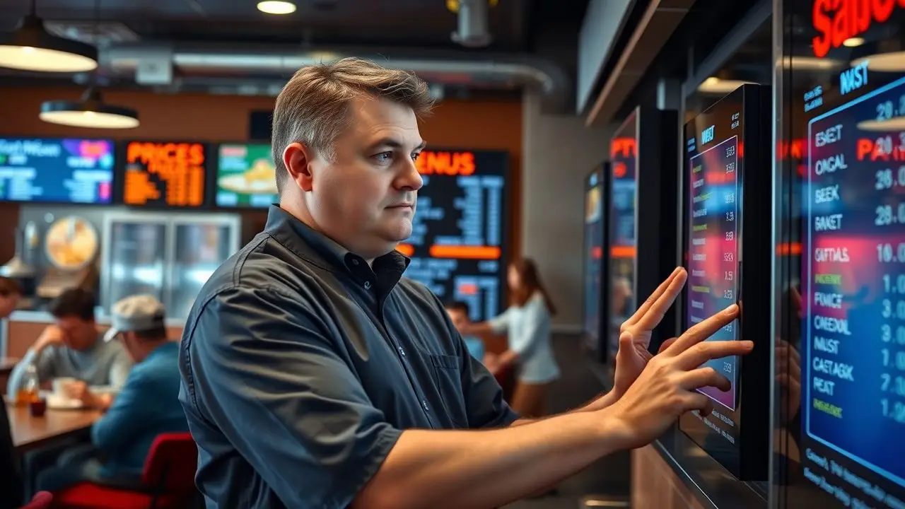 The restaurant manager is updating menus on a digital display board. The restaurant manager is updating menus on a digital display board.