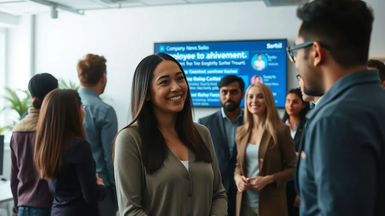 Employees interacting in a friendly office environment with a digital sign.