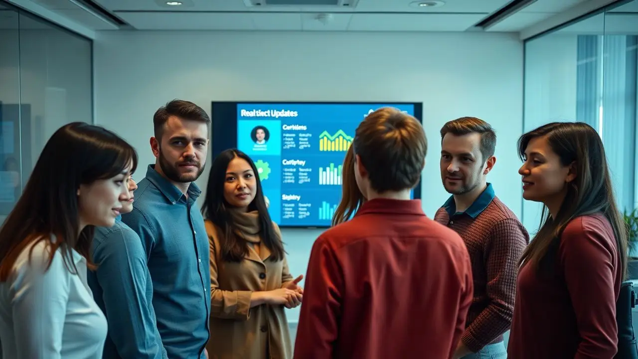 A group of employees discussing real-time project updates in an office.