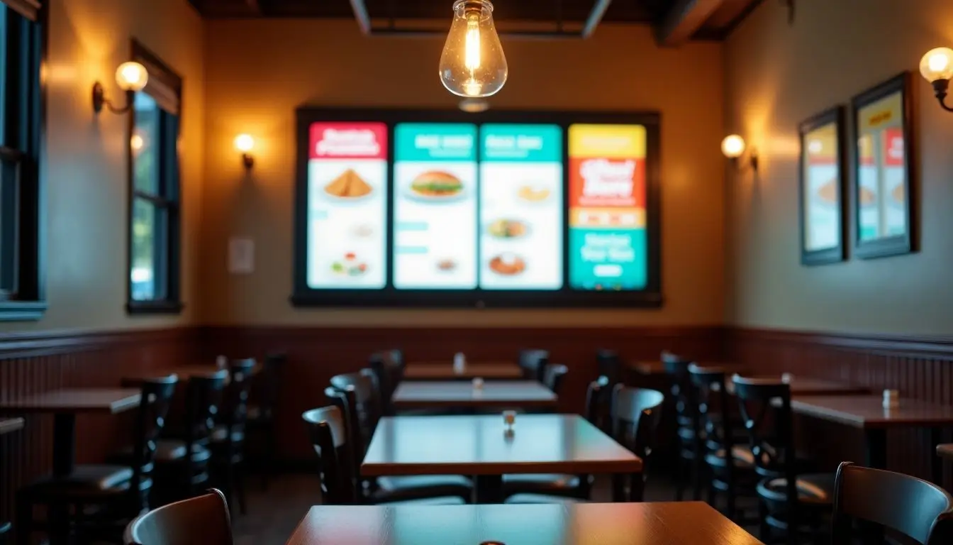 A cozy restaurant with a digital menu board displaying colorful specials. A cozy restaurant with a digital menu board displaying colorful specials.