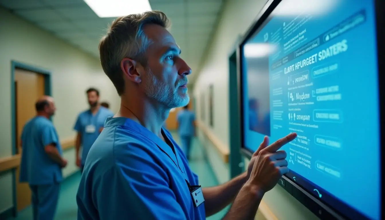 A healthcare professional in scrubs checking real-time patient updates.