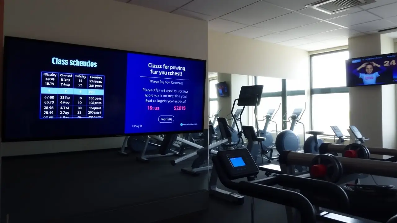 A gym room with digital screens, exercise equipment, and muted colors.