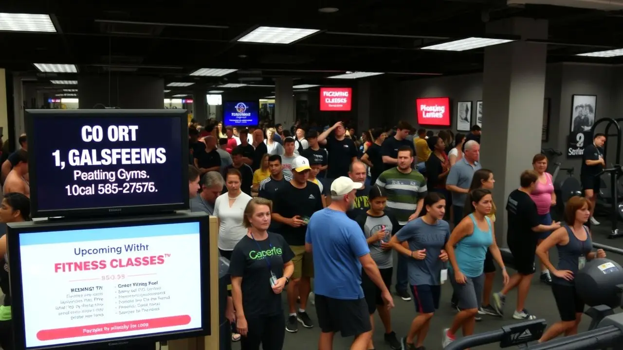 A busy fitness center with interactive digital signs and diverse members.