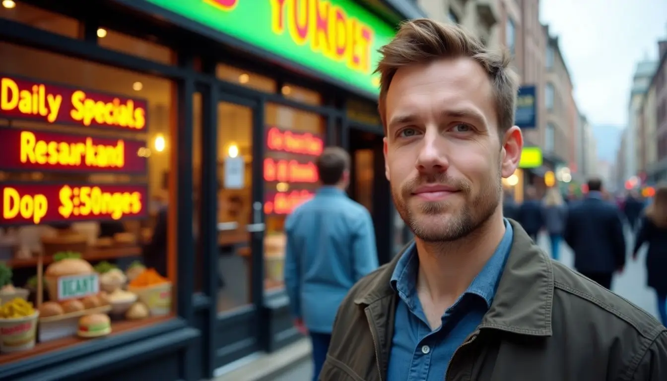 A man standing in front of a restaurant's digital sign. A man standing in front of a restaurant's digital sign.