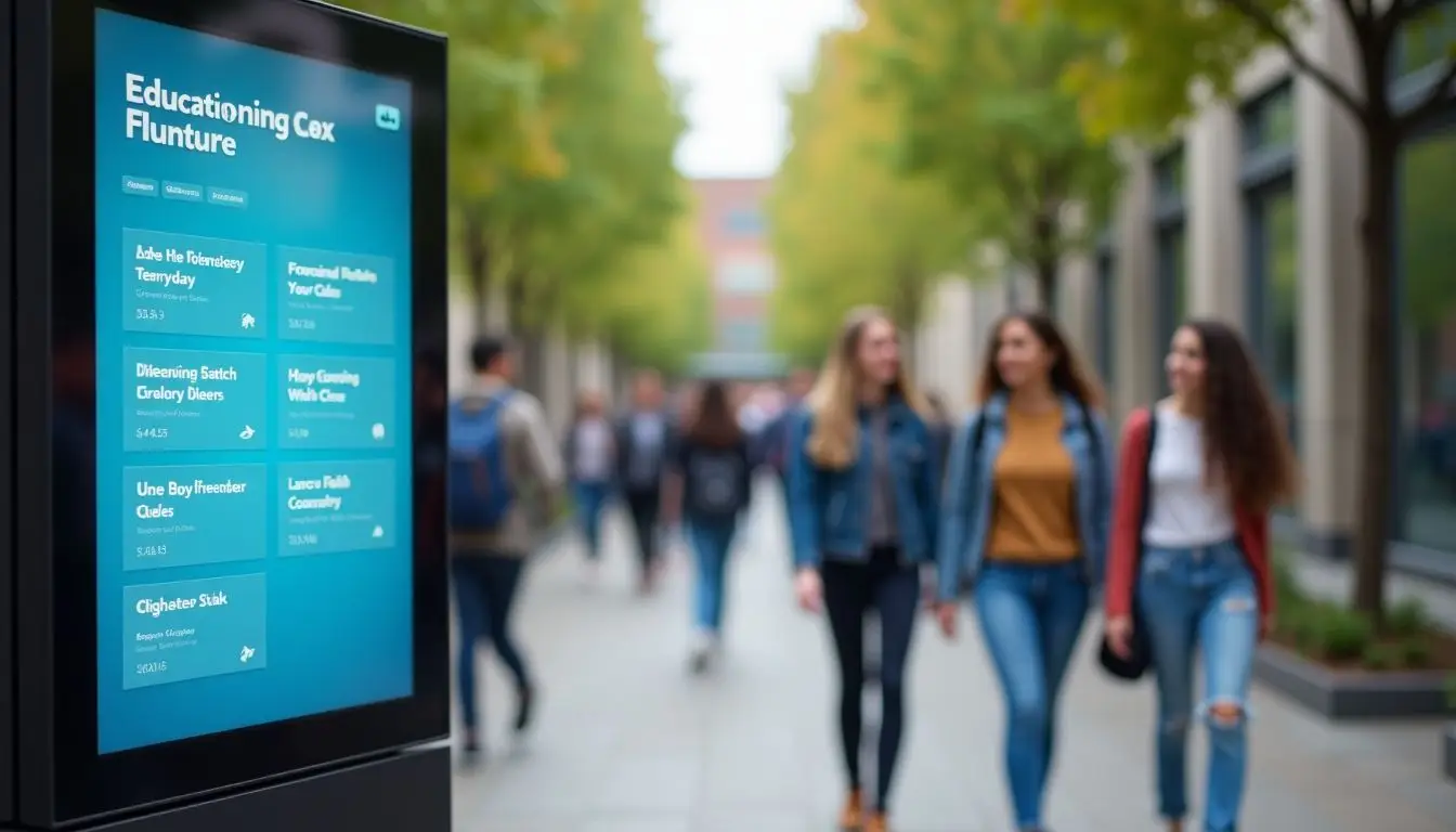 A digital signage board displays events on a university campus.