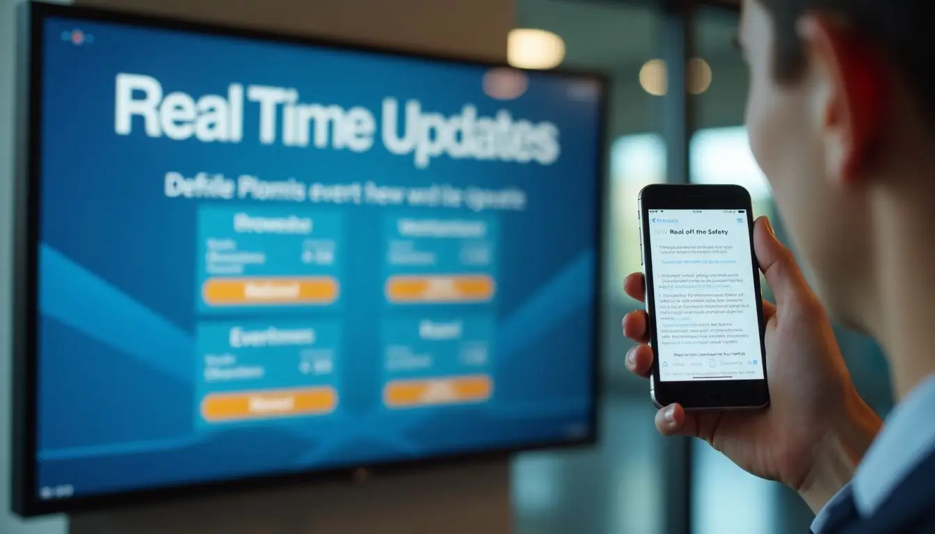 A digital sign in a corporate office displays real-time updates.