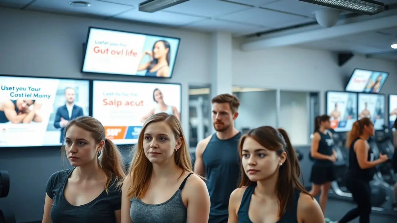 People interacting with digital screens in a lively gym atmosphere.