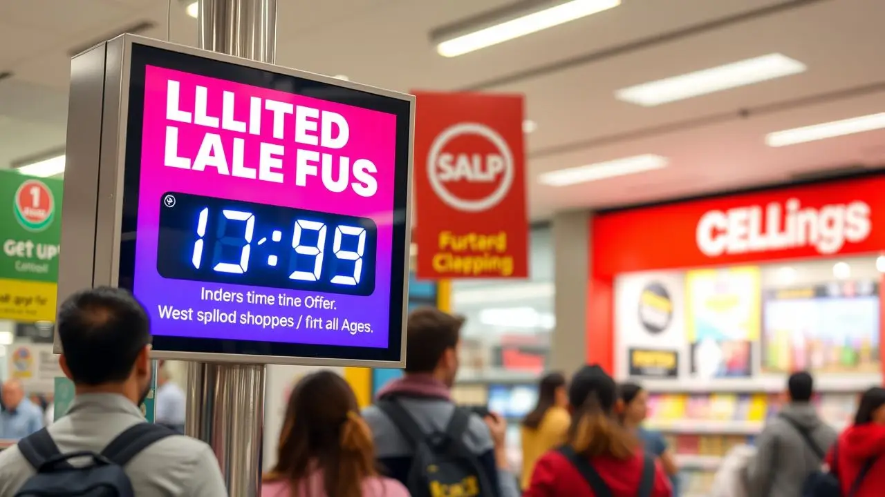 A retail store's digital sign displays a colorful countdown timer for a limited-time offer.