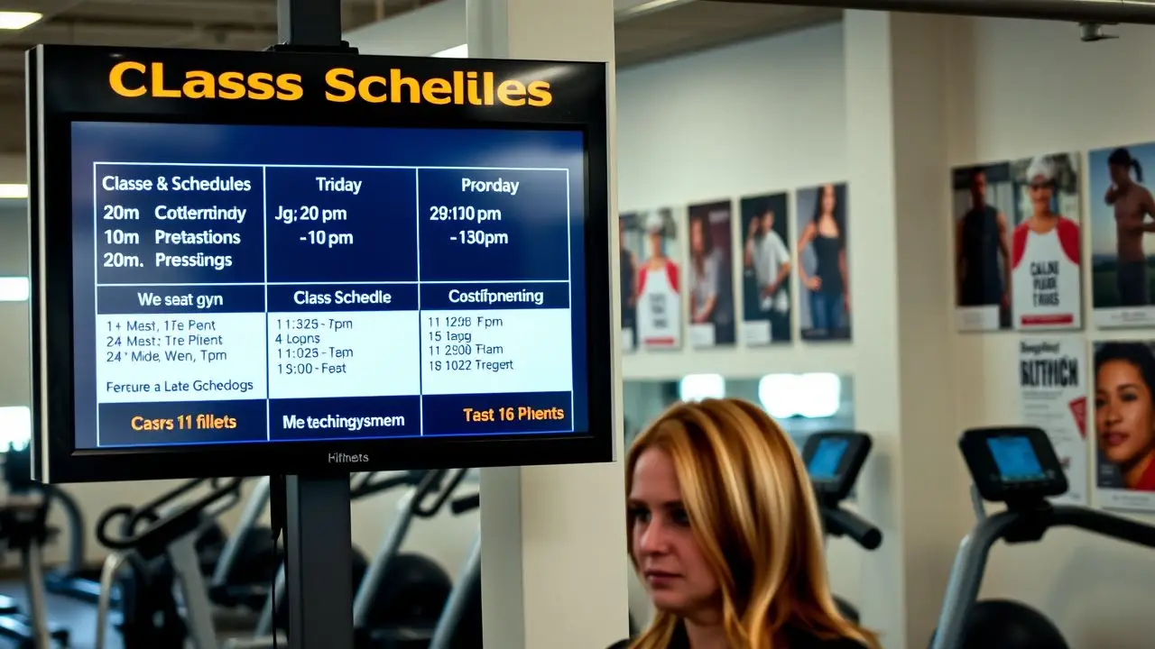 A digital sign in a gym displaying class schedules and updates.