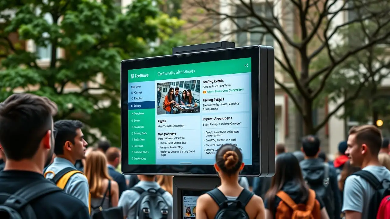 A digital signage display in a university campus showing real-time updates.