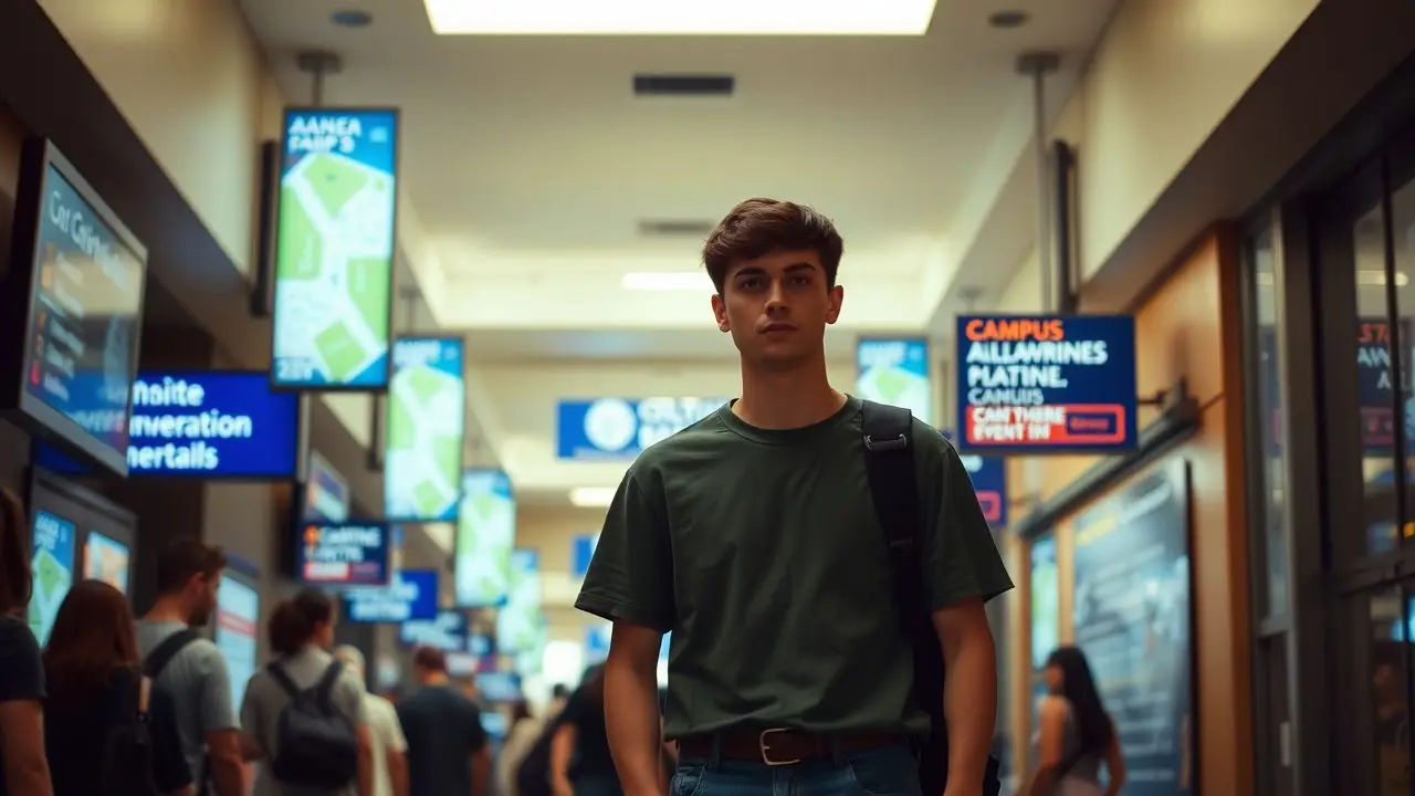 A university student stands in a busy hallway filled with digital signs.