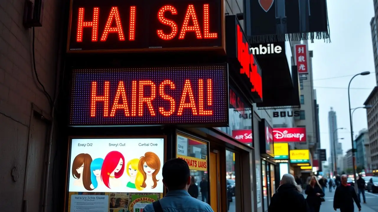 A hair salon's digital sign displays colorful hair styling animations.