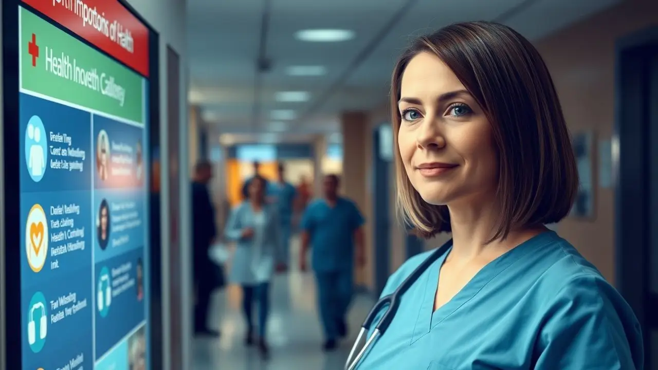 A healthcare worker standing by a digital signage display in a hospital.